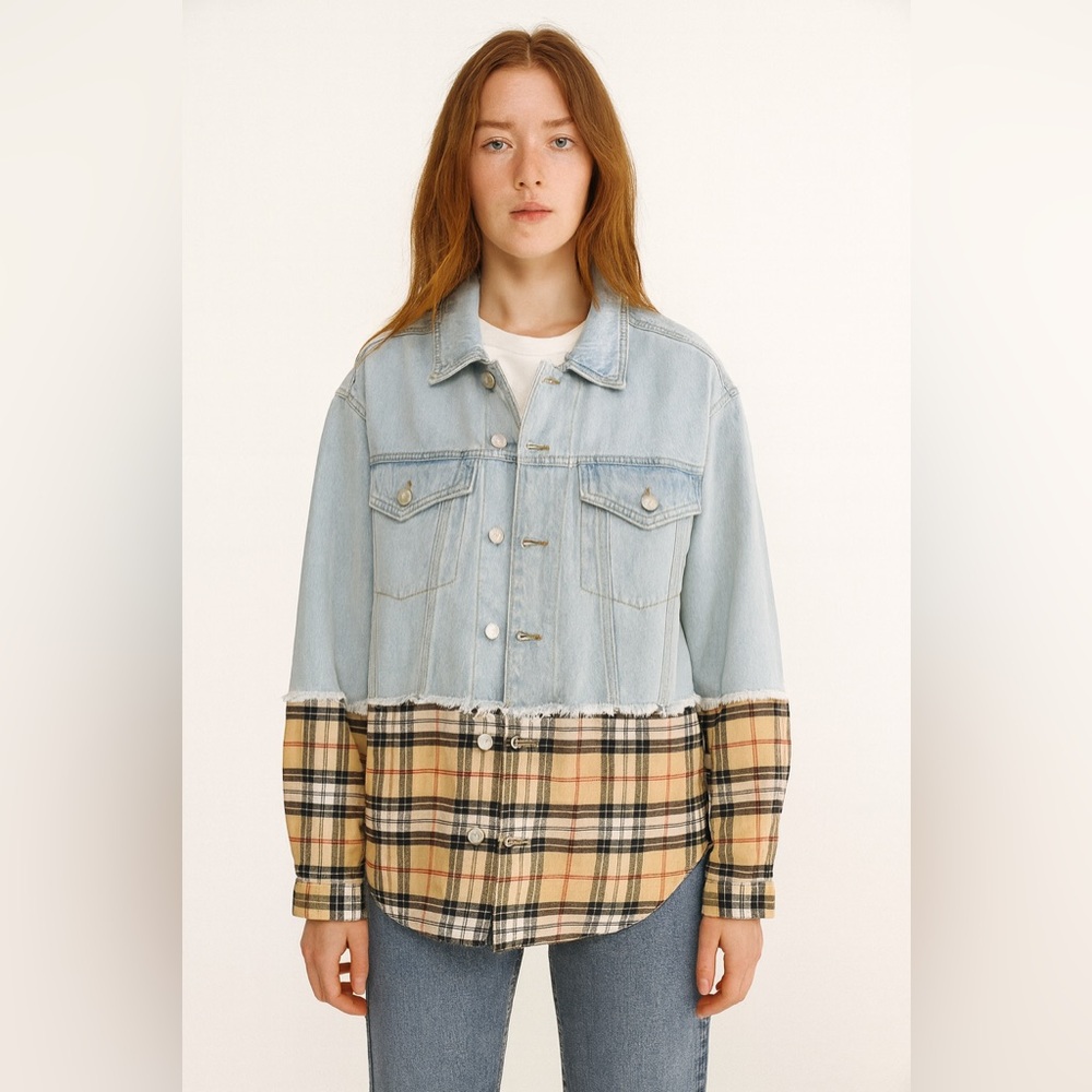 Highway Jeans Light Blue Denim and Beige Plaid Mixed Jacket